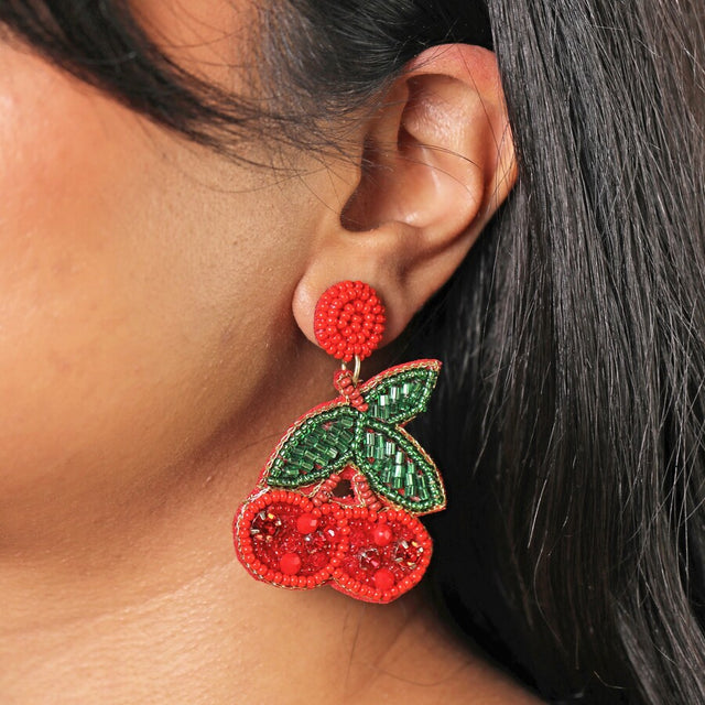 Lisa Angel Beaded Red Cherry Drop Earrings on Model