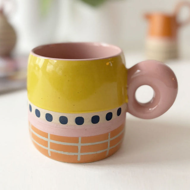 House of Disaster Yellow Bloc Mug with Chunky Pink Handle