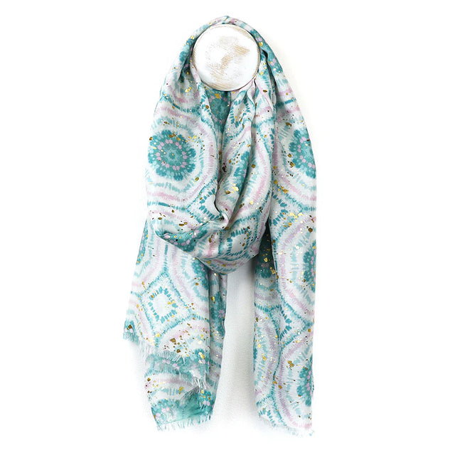 Teal and Lilac Circle Tile Print Scarf with Speckle Foil