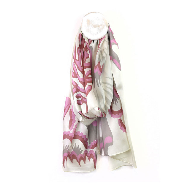 Mauve and Ecru Coral Reef Print Silk Feel Scarf