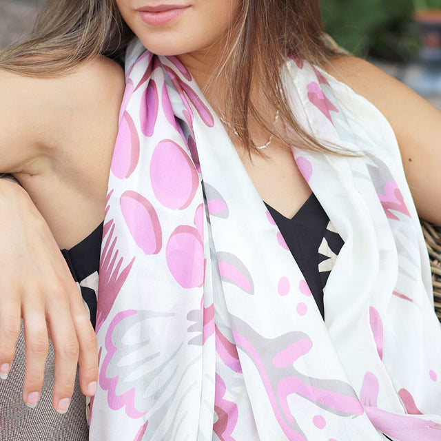 Mauve and Ecru Coral Reef Print Silk Feel Scarf