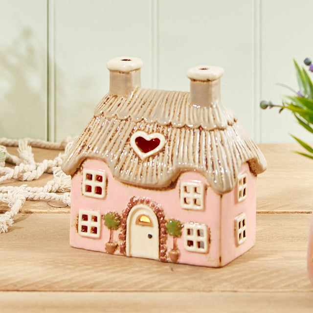 Pink Cottage Embossed with Trees Tea Light Holder