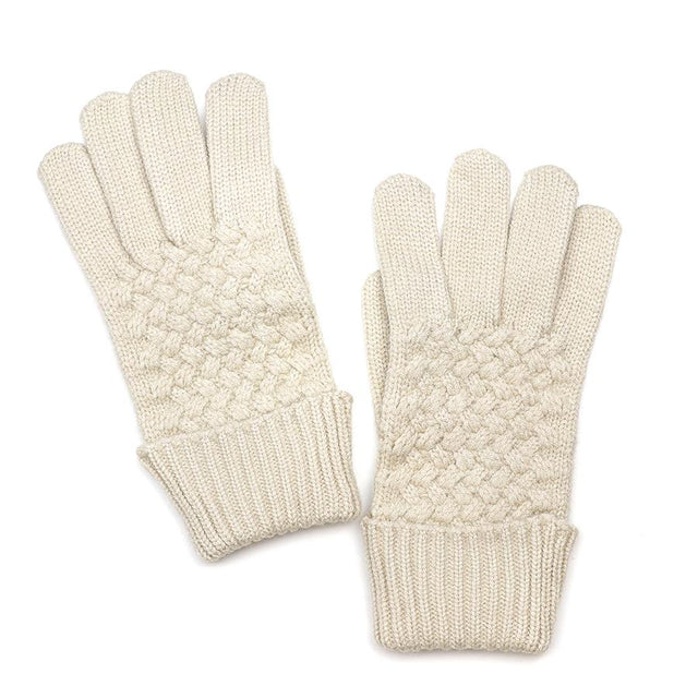 Cream Basketweave Knit Gloves with Ribbed Cuff Pom Boutique