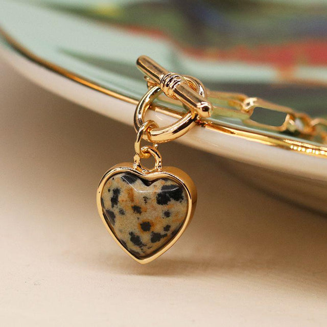 Dalmatian Jasper Effect Heart T-Bar Necklace POM Boutique