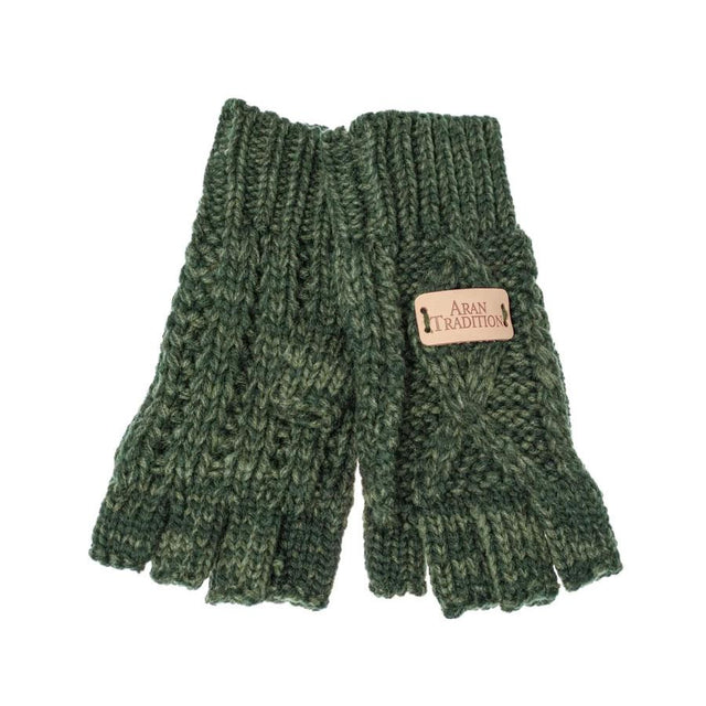 Dark Green Aran Cable Knit Fingerless Gloves