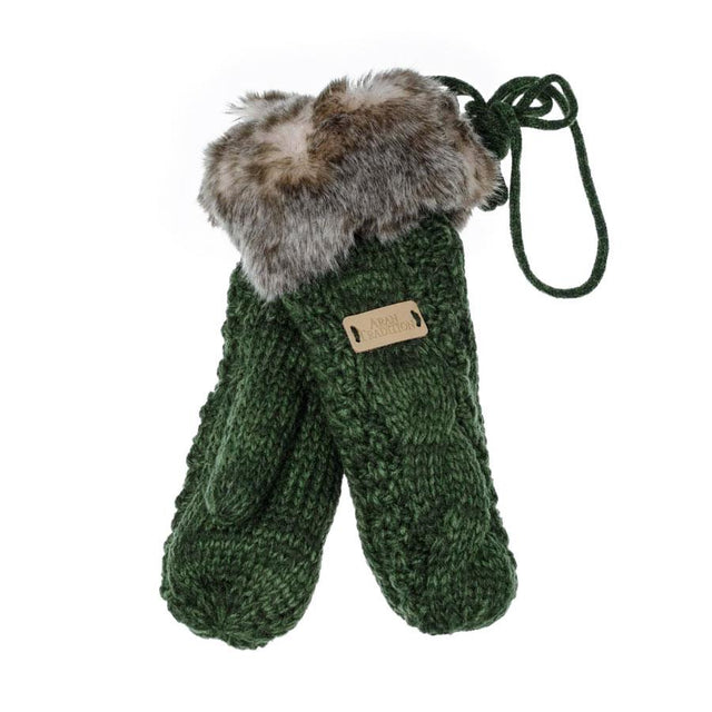 Dark Green Aran Cable Knit Fur Trim Mittens