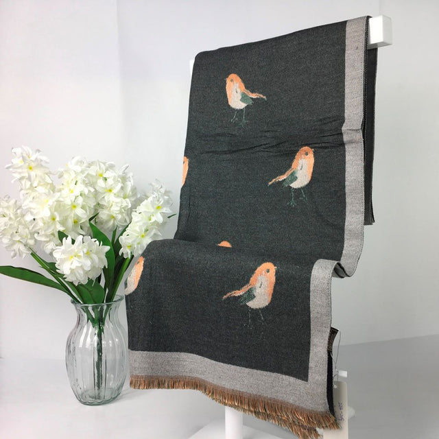 Dark Grey Robin Print Scarf