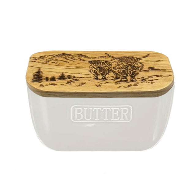 Scenic Highland Cow White Butter Dish Close Up