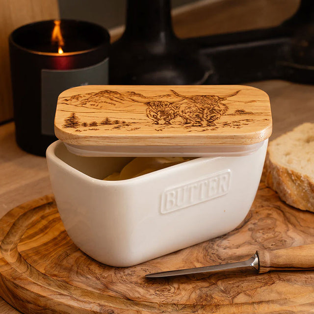 Scenic Highland Cow White Butter Dish