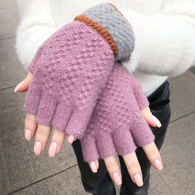 Dusky Pink Fingerless Gloves with Rust and Grey Cuff Pom Boutique