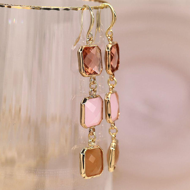 Faux Gold Pink and Peach Stones Drop Earrings
