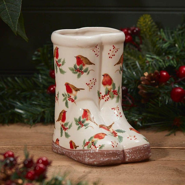 Festive Robin Welly Boots Ceramic Plant Pot