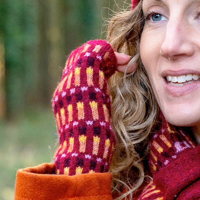 Wine & Rust Firework Stripe Wrist Warmers on Model