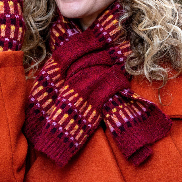 Wine & Rust Firework Stripe Pull Through Scarf on Model