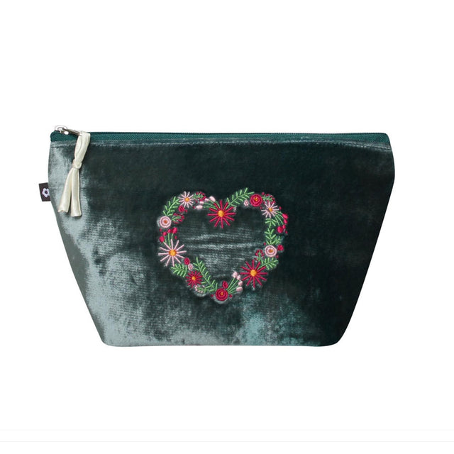 Flower Heart Green Velvet Makeup Bag
