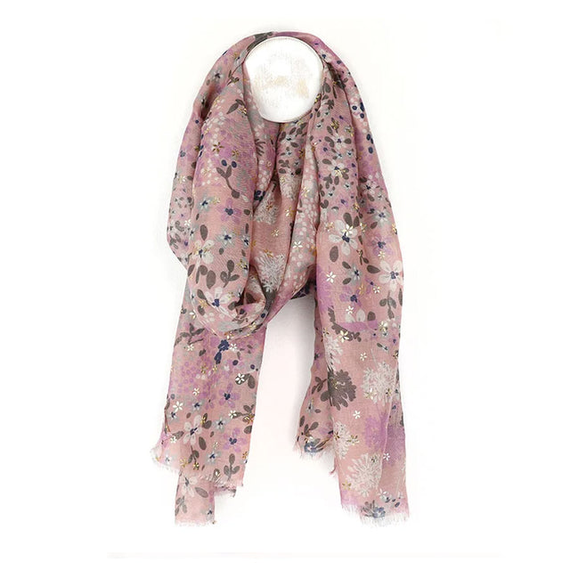 Lilac and Blush Ditsy Floral Scarf with Foil Flower Overprint