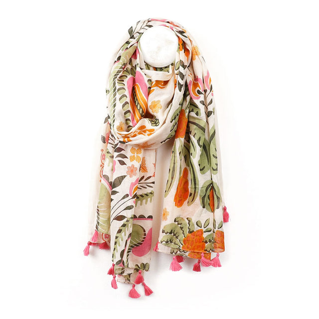 Ecru, Green and Orange Folksy Floral Scarf with Pink Tassels