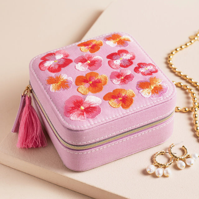 Lisa Angel Embroidered Flower Square Travel Jewellery Case in Pink