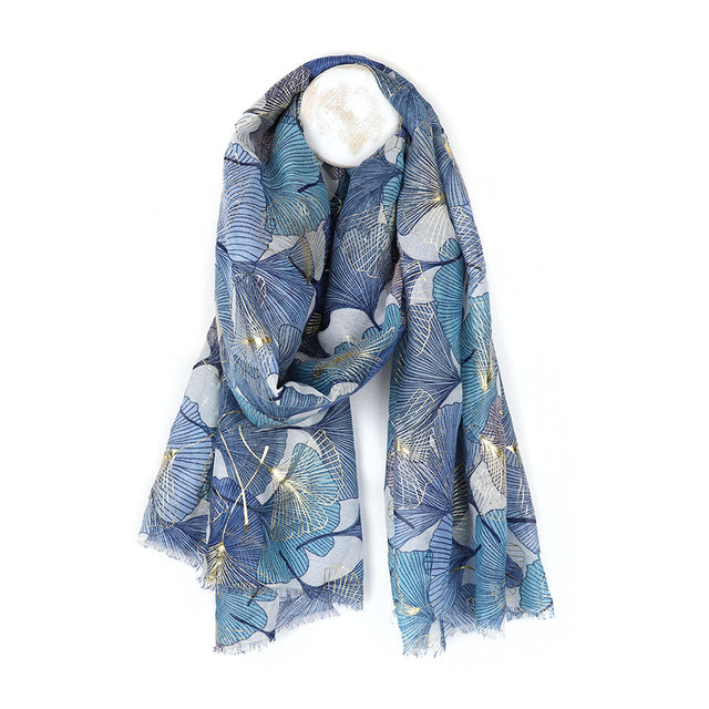 Blue Ginko Leaf Scarf with Gold Foil Overprint