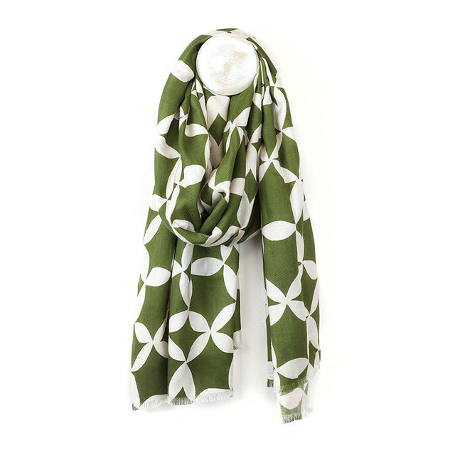 Olive Green Geo Print Bamboo Viscose Twill Scarf