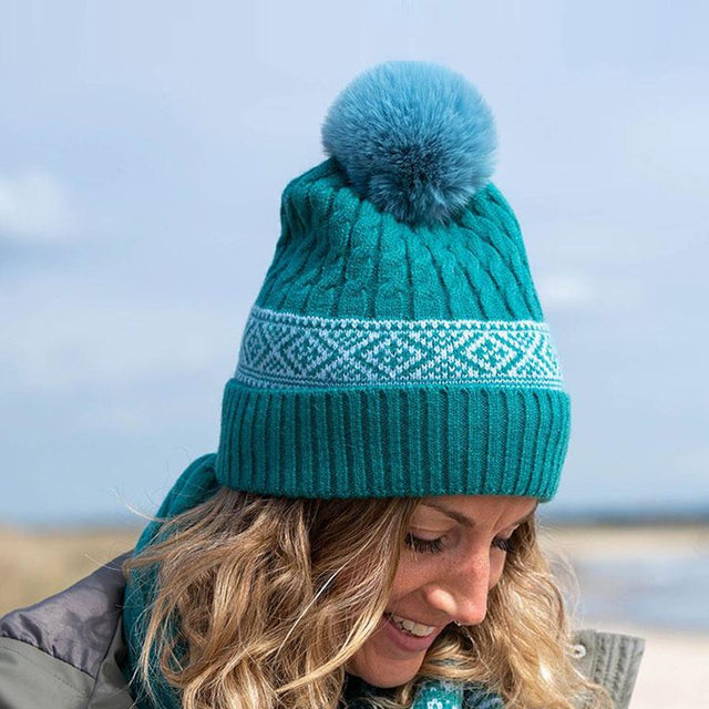 Green Fair Isle Cable Knit Bobble Hat Pom Boutique