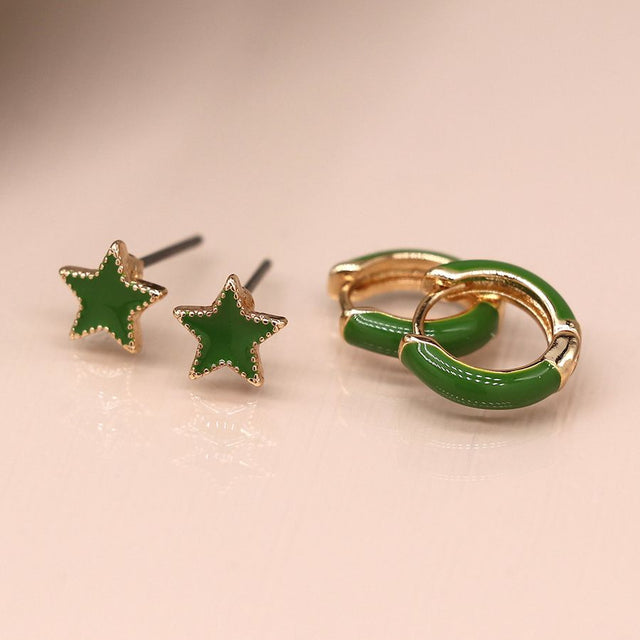 Pom Boutique Dark Green Enamel Star and Sleeper Earrings Set