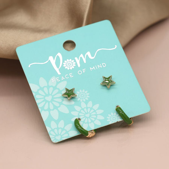 Pom Boutique Dark Green Enamel Star and Sleeper Earrings Set on Presentation Card