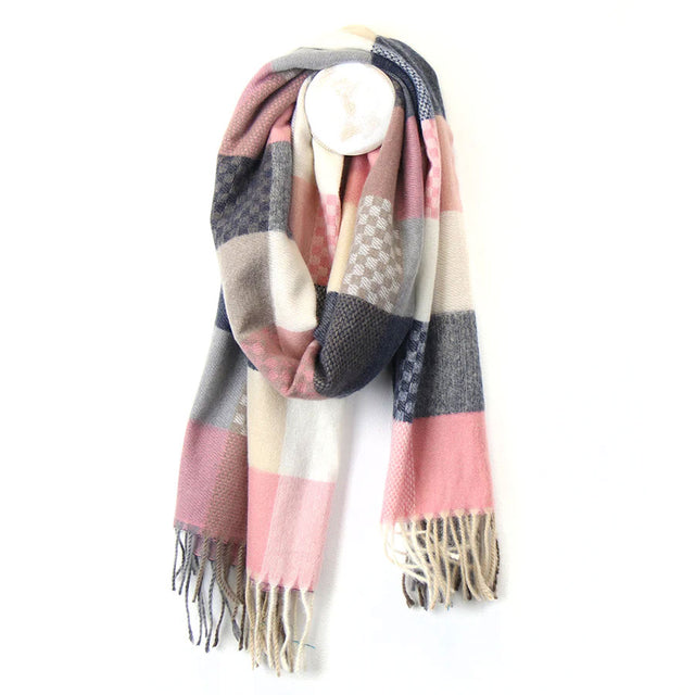 Grey and Pink Check Print Scarf Pom Boutique