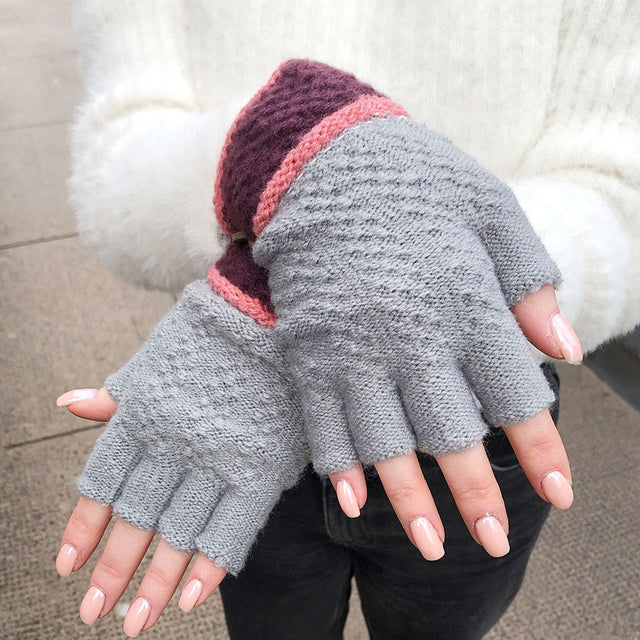 Grey Fingerless Gloves with Purple and Peach Cuff