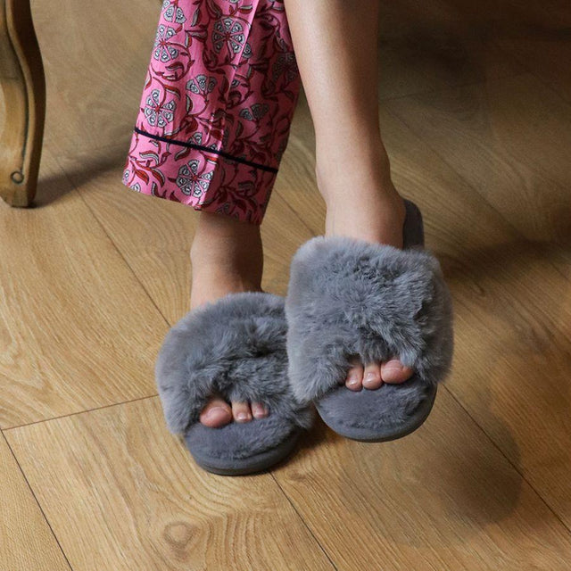 Grey Faux Fur Luxury  Slippers - Medium/Large Pom Boutique
