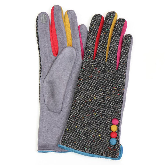 Grey Marl Tweed Colour Contrast Gloves with Button Detailing Pom Boutique