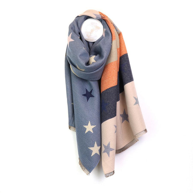 Orange and Dusky Blue Star and Stripes Jacquard Scarf