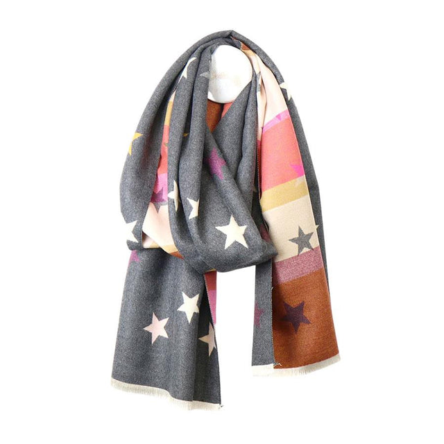 Grey, Orange and Pink Stars and Stripes Reversible Jacquard Scarf
