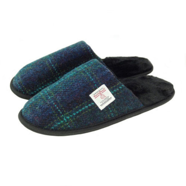Harris Tweed Slippers in Blues with Turquoise Overcheck - Size 6 - Glen Appin