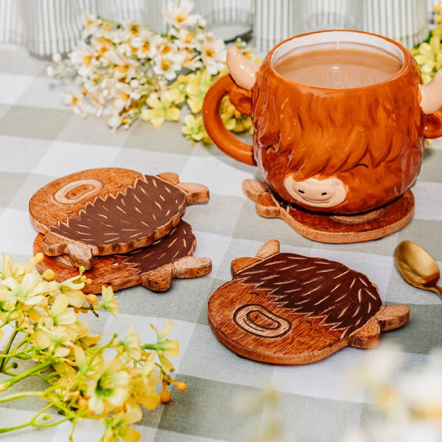 Sass and Belle Wooden Highland Cow Coasters Set