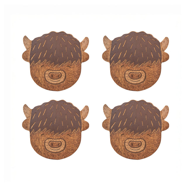 Sass and Belle Wooden Highland Cow Coasters Set Close Up