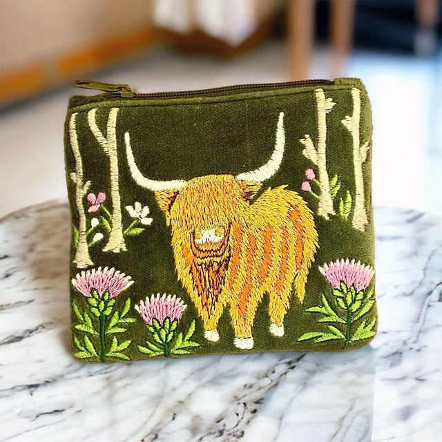 Embroidered Highland Cow and Thistles Coin Purse