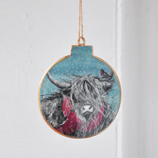 Highland Cow in Scarf Metal Hanging Decoration