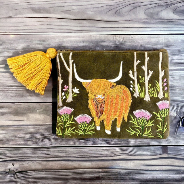 Embroidered Highland Cow and Thistles Purse