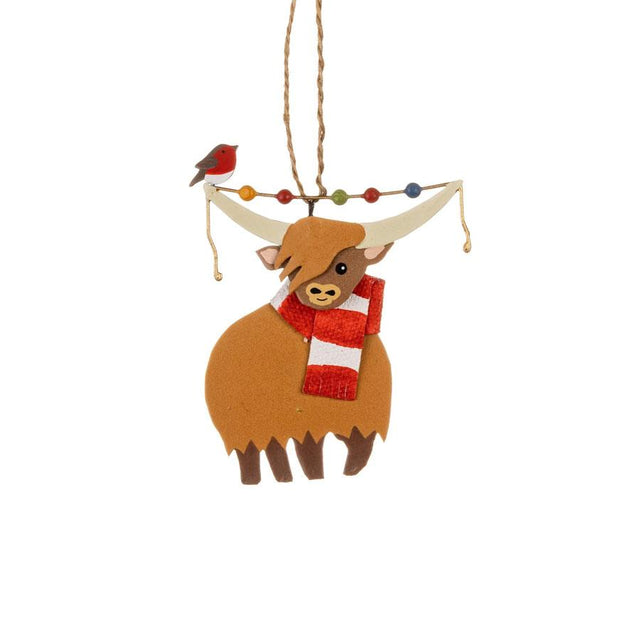 Highland Cow with Robin Hanging Decoration