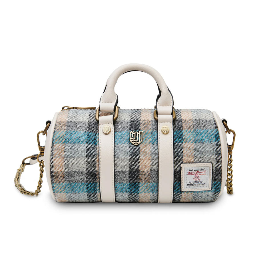 Islander Medium Duffel Bag - Harris Tweed & Microfibre Leather Crossbody Bag - Black Grey Herringbone