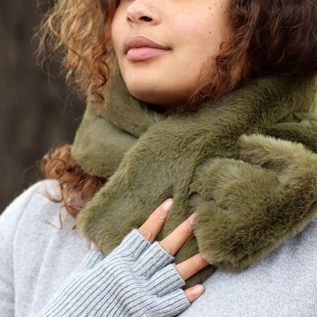 Khaki Supersoft Faux Fur Pull Through Scarf on Model
