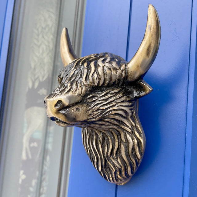 Large Highland Coo Door Knocker in Antique Brass Finish