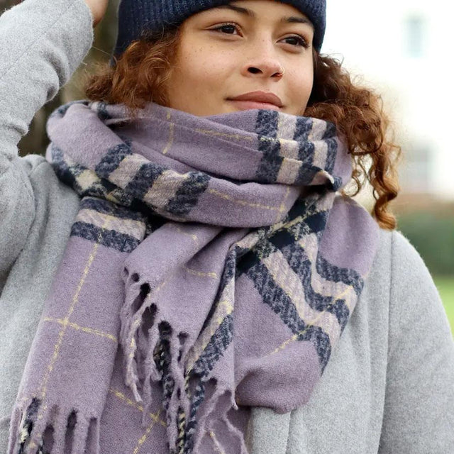 Lavender and Grey Check Winter Scarf with Twist Fringe Pom Boutique