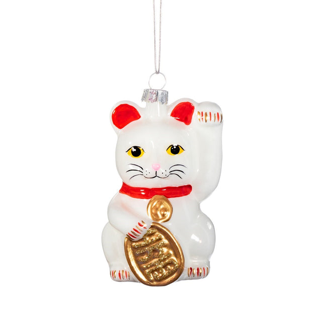 White Lucky Cat Shaped Glass Bauble Sass & Belle