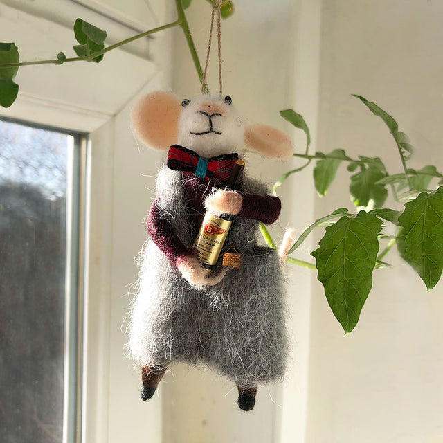 Maurice Mouse in Grey Dungarees with Wine Bottle Felt Hanging Decoration