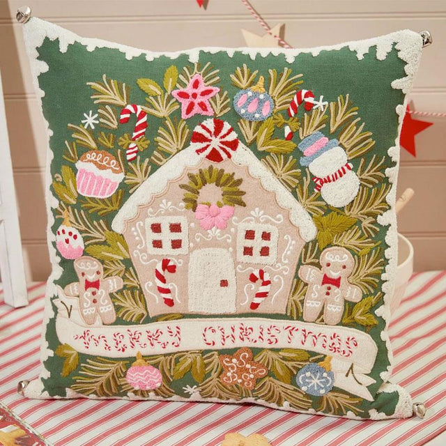 Merry Christmas Gingerbread House Embroidered Cushion