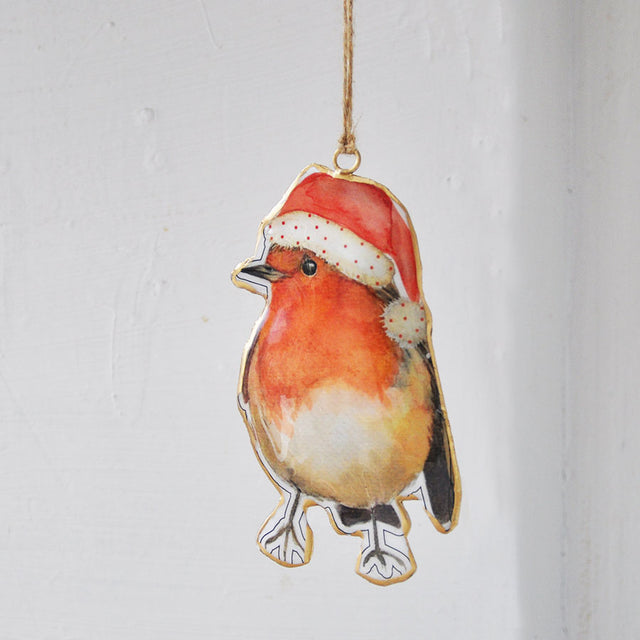 Robin with Santa Hat Hanging Christmas Decoration