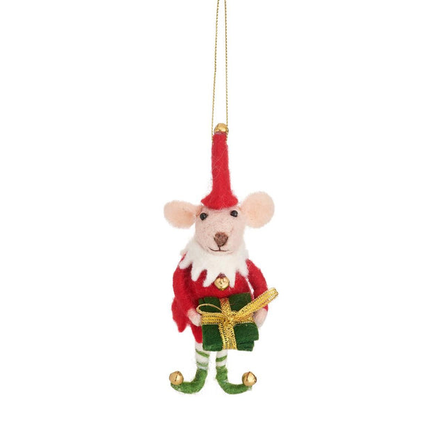 Mouse Elf with Present Felt Hanging Decoration Sass & Belle