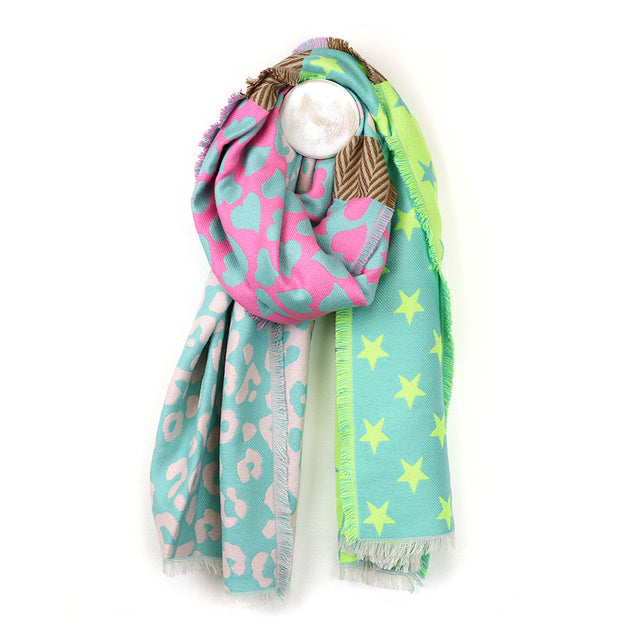 Reversible Green Star, Heart and Leopard Scarf With Fringe